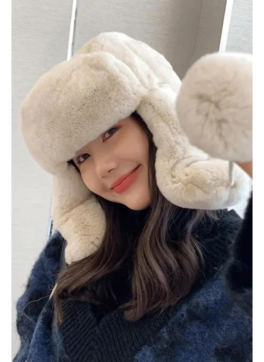 Bahels Beige Plush Eared Pompom Beret Pilot Hat