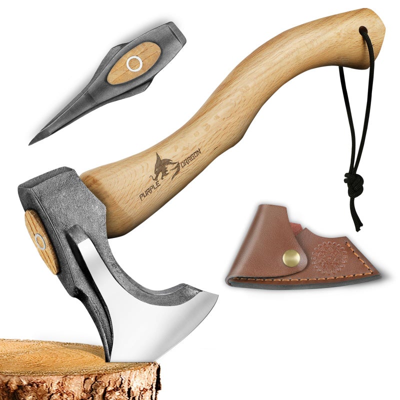 Purple Dragon Camping Hatchet 14.7 Inch Hand Forged Splitting Axe - Outdoor Wood Splitting Chopping & Carving Tool with Leather Sheath Bushcraft Survival Wooden for Men and Women - Image 1