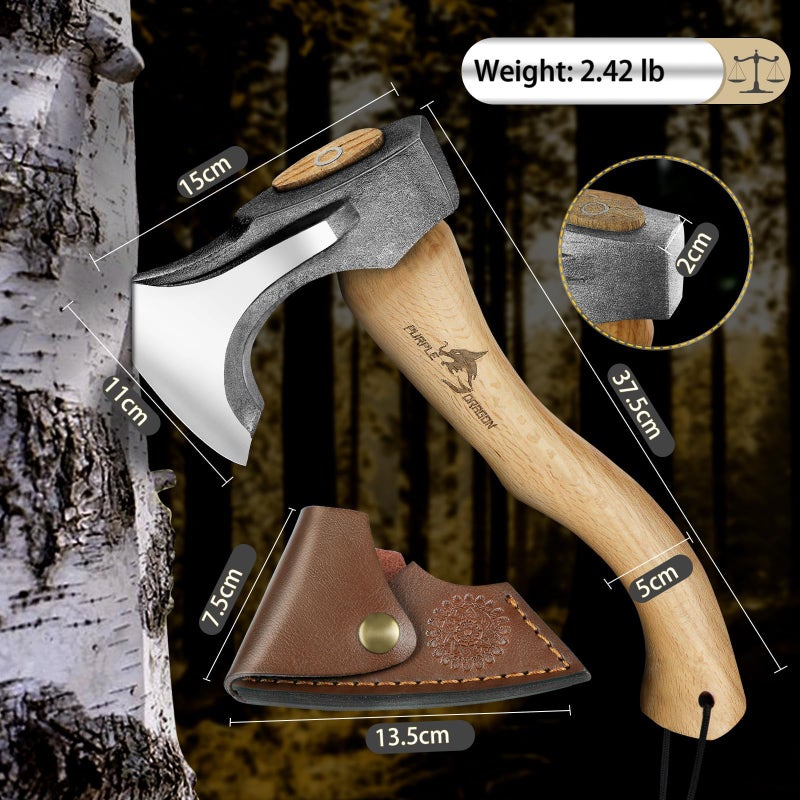 Purple Dragon Camping Hatchet 14.7 Inch Hand Forged Splitting Axe - Outdoor Wood Splitting Chopping & Carving Tool with Leather Sheath Bushcraft Survival Wooden for Men and Women - Image 2