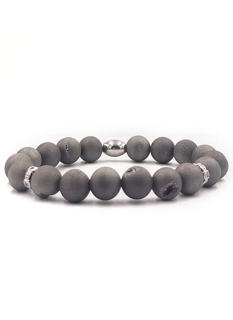 كريسوستوموس Handmade Beaded Bracelet for Men with Silver Druzy Agate & Silver Stainless Steel