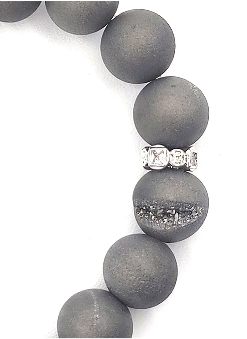 كريسوستوموس Handmade Beaded Bracelet for Men with Silver Druzy Agate & Silver Stainless Steel