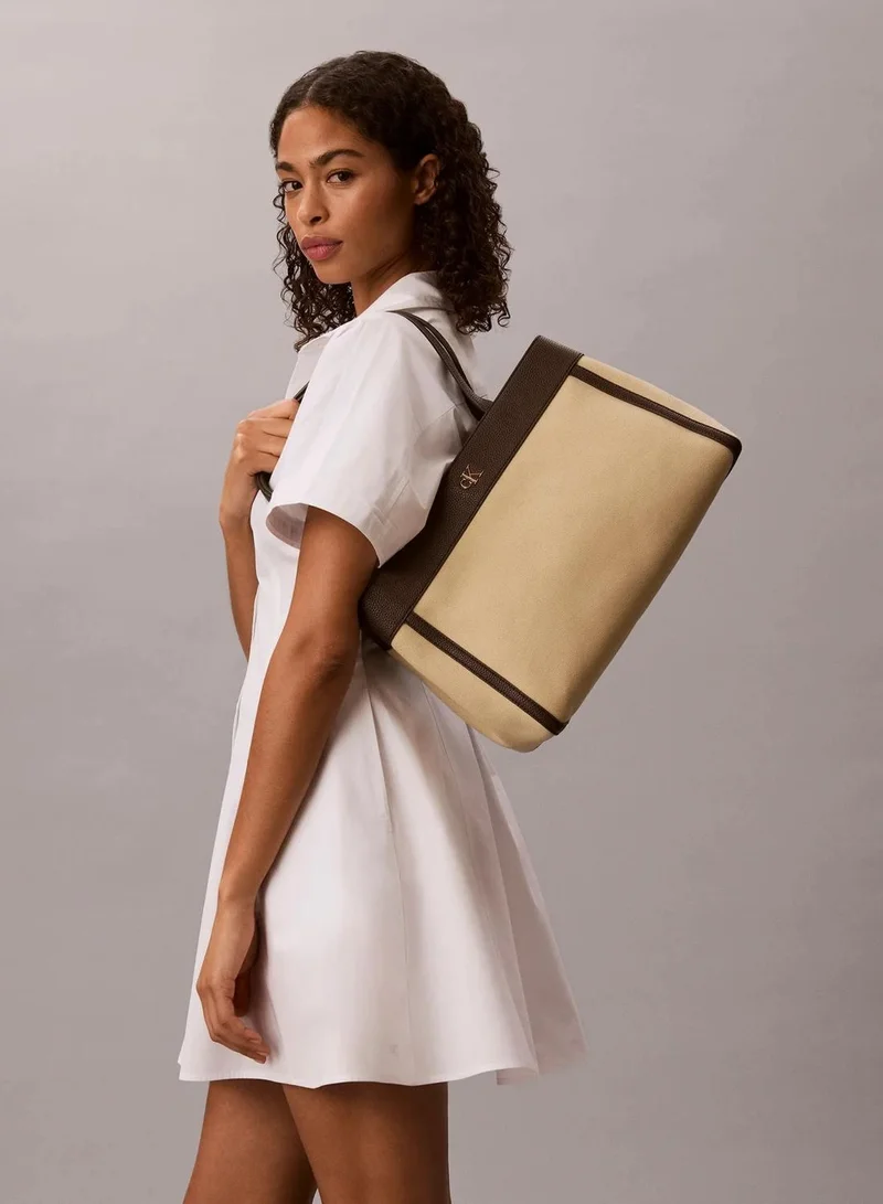 Calvin Klein KHAKI CANVAS CK Monogram Plaque Canvas Tote Bag for Women | Best Price UAE
