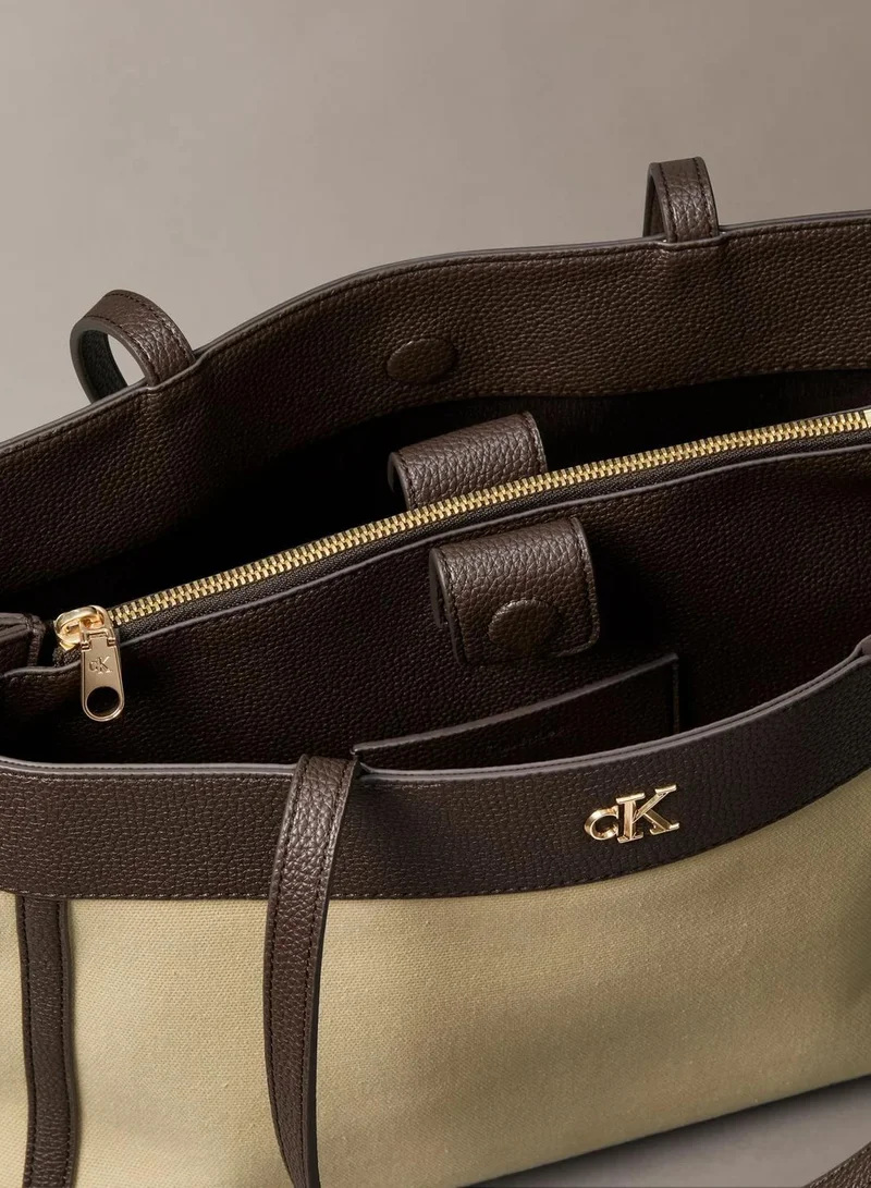Calvin Klein KHAKI CANVAS CK Monogram Plaque Canvas Tote Bag for Women | Best Price UAE