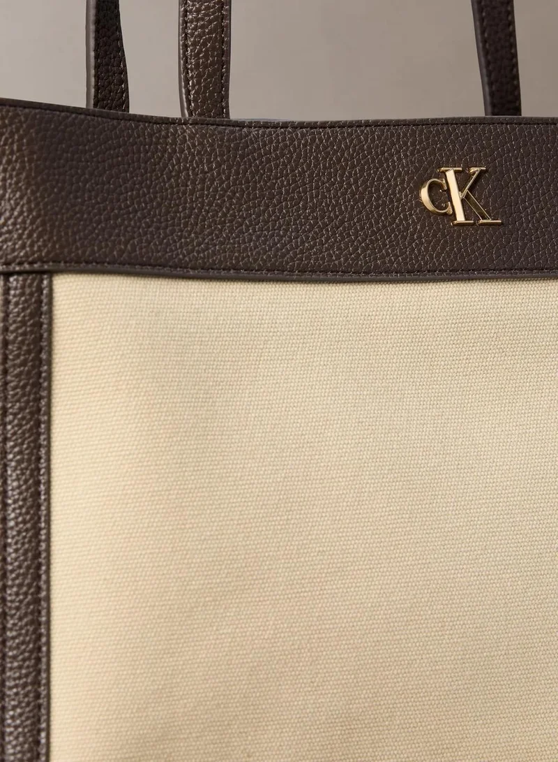 Calvin Klein KHAKI CANVAS CK Monogram Plaque Canvas Tote Bag for Women | Best Price UAE