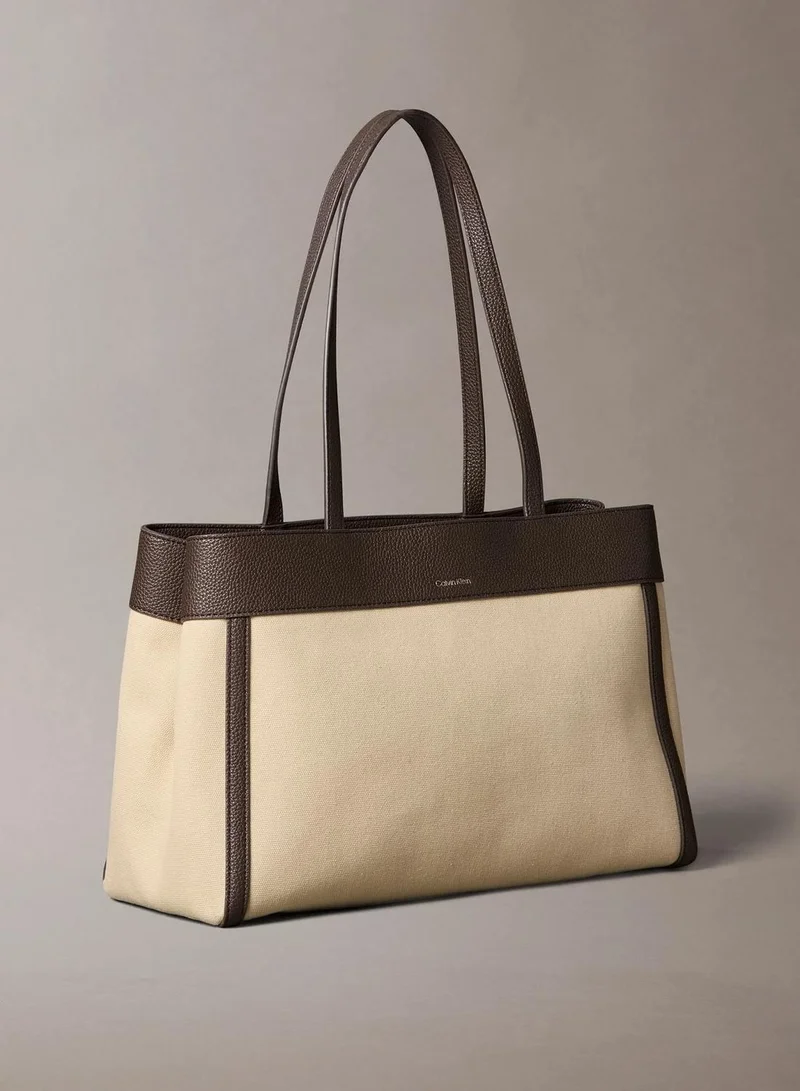 Calvin Klein KHAKI CANVAS CK Monogram Plaque Canvas Tote Bag for Women | Best Price UAE