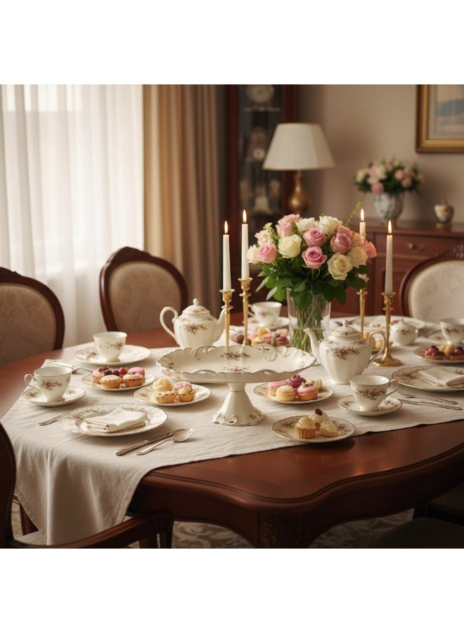 AKDC Angela Ceramic Cake Stand & Serving Tray, 36*19cm, Floral Rose Design with Gold Trim - Image 2