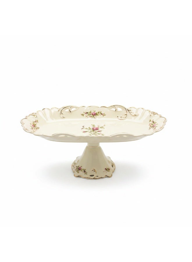 AKDC Angela Ceramic Cake Stand & Serving Tray, 36*19cm, Floral Rose Design with Gold Trim - Image 1