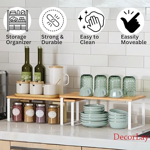 Decorlay Metal & Wooden Free Standing Shelf Organizer Bathroom Kitchen Counter Top Shelves, Spice Rack for Pantry Dressing Cabinet Office Table Area (White + Beech) - Image 5