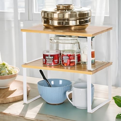 Decorlay Metal & Wooden Free Standing Shelf Organizer Bathroom Kitchen Counter Top Shelves, Spice Rack for Pantry Dressing Cabinet Office Table Area (White + Beech) - Image 4