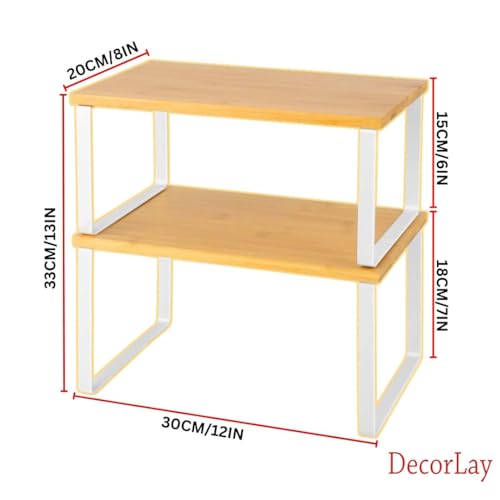 Decorlay Metal & Wooden Free Standing Shelf Organizer Bathroom Kitchen Counter Top Shelves, Spice Rack for Pantry Dressing Cabinet Office Table Area (White + Beech) - Image 2