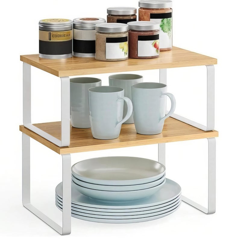Decorlay Metal & Wooden Free Standing Shelf Organizer Bathroom Kitchen Counter Top Shelves, Spice Rack for Pantry Dressing Cabinet Office Table Area (White + Beech) - Image 1
