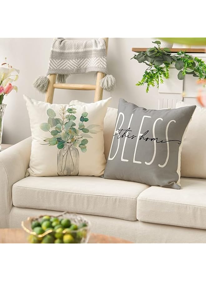 The Bros Cushion Covers,45 * 45cm Home Sweet Home Eucalyptus Leaves Throw Pillow Covers Set of 4, Spring Summer Seasonal Decorations For Outdoor Patio Garden Blench Living Room Sofa Farmhouse Decor(Style 2) - Image 2