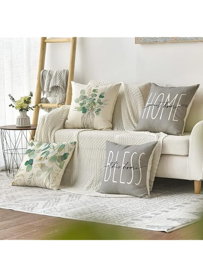 The Bros Cushion Covers,45 * 45cm Home Sweet Home Eucalyptus Leaves Throw Pillow Covers Set of 4, Spring Summer Seasonal Decorations For Outdoor Patio Garden Blench Living Room Sofa Farmhouse Decor(Style 2) - Image 3