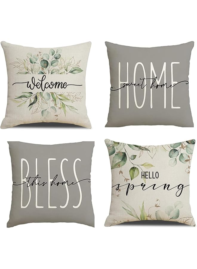 The Bros Cushion Covers,45 * 45cm Home Sweet Home Eucalyptus Leaves Throw Pillow Covers Set of 4, Spring Summer Seasonal Decorations For Outdoor Patio Garden Blench Living Room Sofa Farmhouse Decor(Style 2) - Image 1