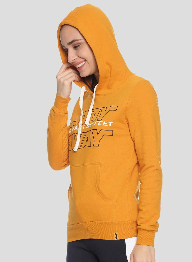 Campus Sutra Women's Mustard Yellow Stay-Away Print Pullover Hoodie