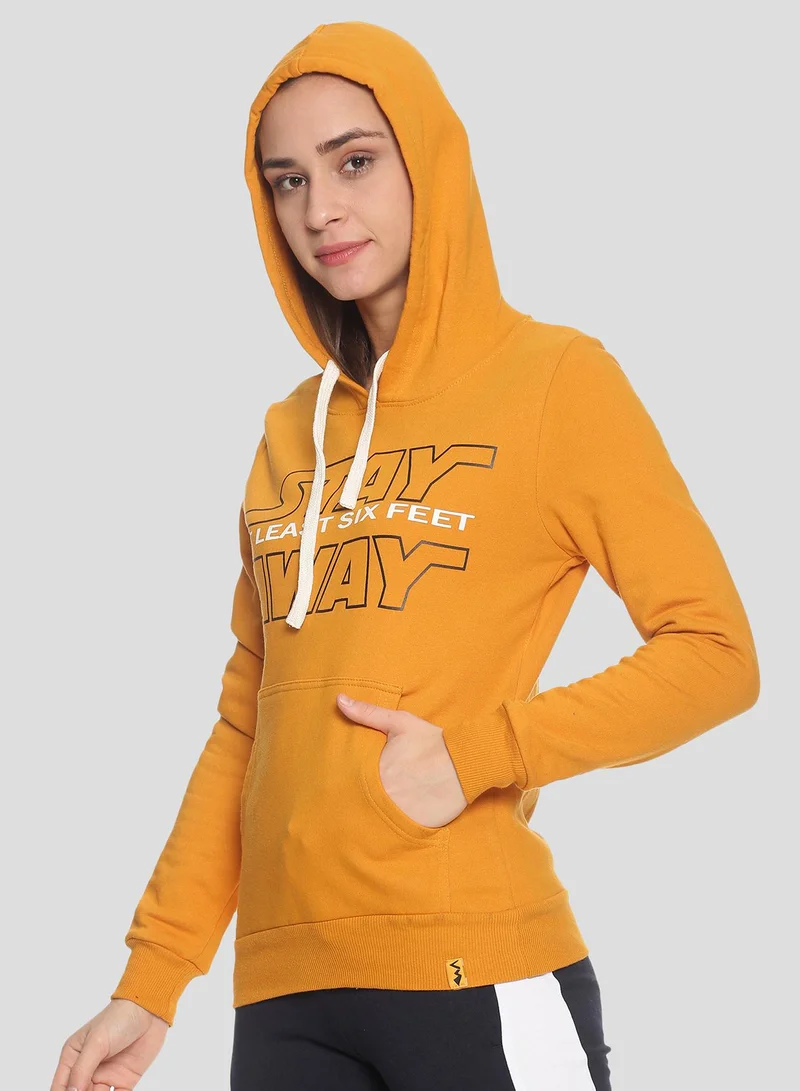 Campus Sutra Women's Mustard Yellow Stay-Away Print Pullover Hoodie
