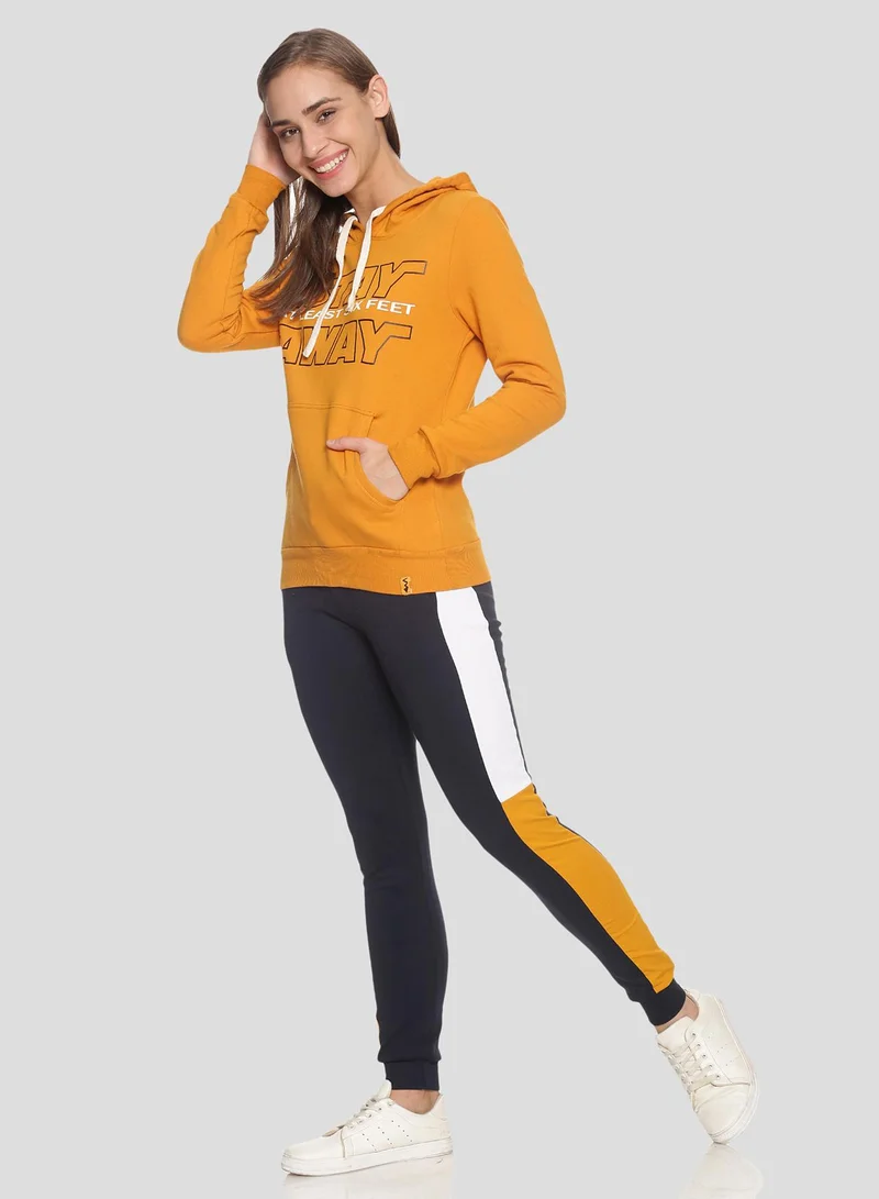Campus Sutra Women's Mustard Yellow Stay-Away Print Pullover Hoodie