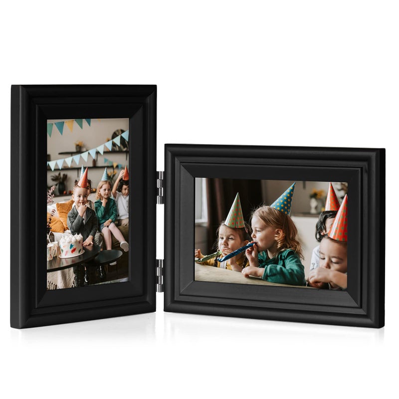 Tamolus 4x6 Double Hinged Picture Frame Folding Photo Frame Vertical and Horizontal in Black Pine Wood with Real Glass for Tabletop X2-HEI-SH46 - Image 1