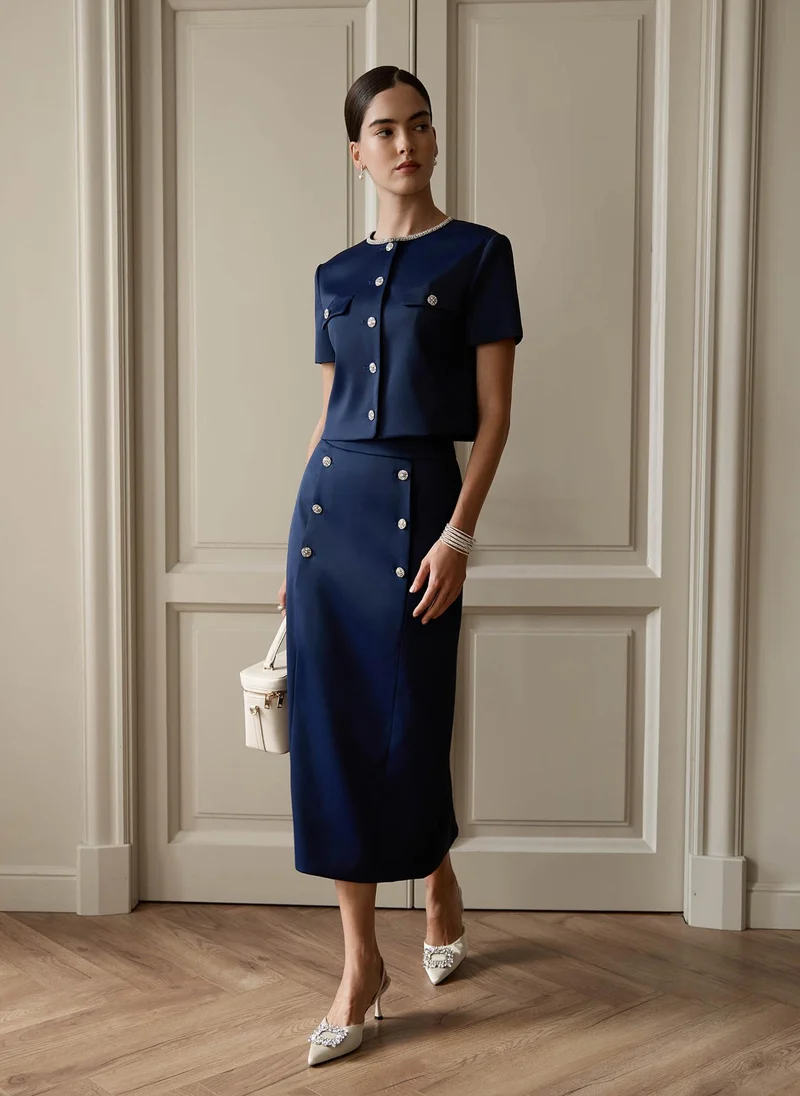 Lichi  Straight midi skirt with rhinestone buttons for Women | Best Price UAE