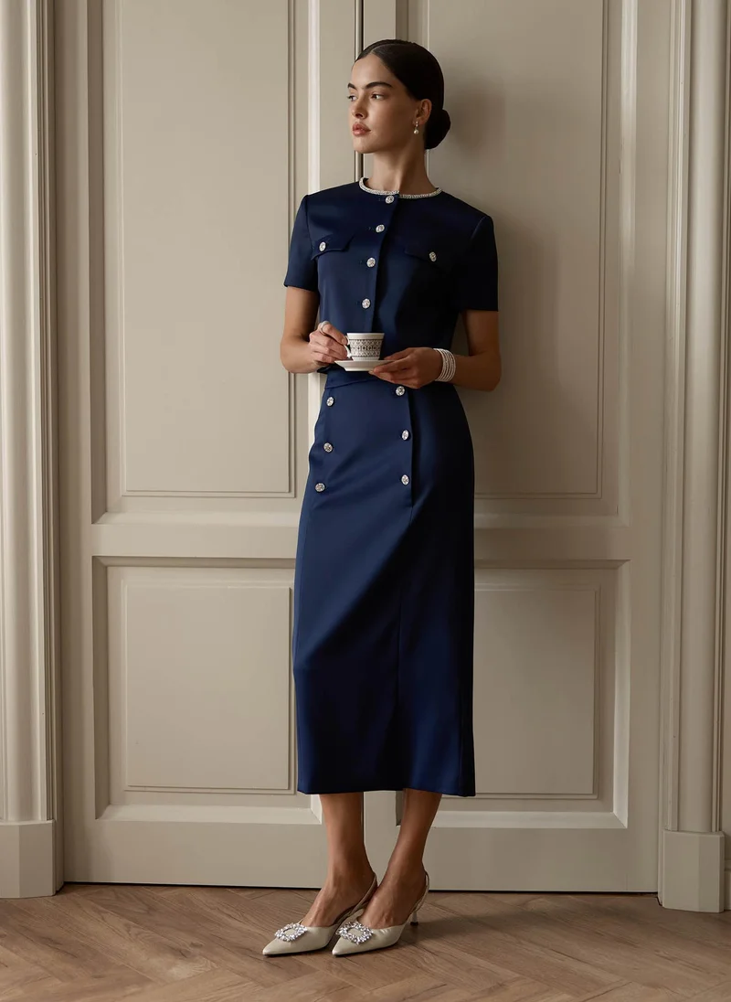 Lichi  Straight midi skirt with rhinestone buttons for Women | Best Price UAE