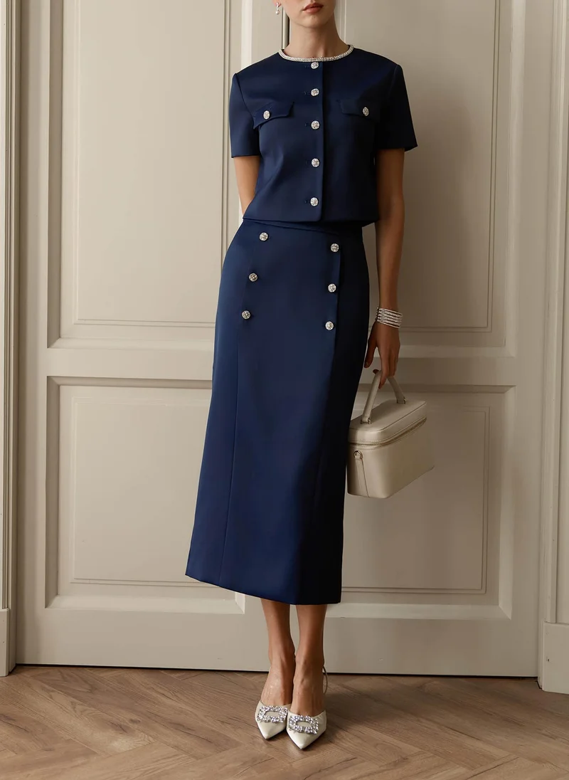 Lichi  Straight midi skirt with rhinestone buttons for Women | Best Price UAE