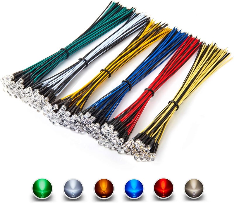 CHANZON 120pcs 12V 5mm LED Diode Lights 7.9 inch Pre Wired (6 Colors x 20pcs) Assorted Kit (Transparent Clear Round Lens) White Red Green Blue Yellow Warm-White Emitting LED Assortment - Image 1