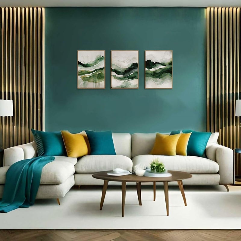 KISSFOX 3 Piece Framed Wall Art Abstract Wall Decor Emerald Green Pictures Watercolor Waves Canvas Art Large Modern Paintings Artwork for Living Room Bedroom Office - Image 2