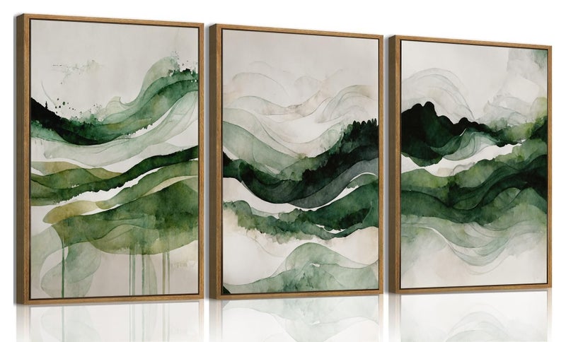 KISSFOX 3 Piece Framed Wall Art Abstract Wall Decor Emerald Green Pictures Watercolor Waves Canvas Art Large Modern Paintings Artwork for Living Room Bedroom Office - Image 1