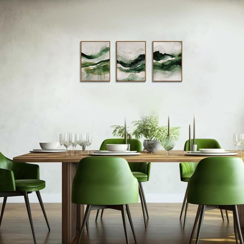 KISSFOX 3 Piece Framed Wall Art Abstract Wall Decor Emerald Green Pictures Watercolor Waves Canvas Art Large Modern Paintings Artwork for Living Room Bedroom Office - Image 3