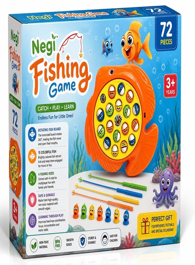 Negi Fishing Game Toy for Kids, 72 Piece Set, Rotating Musical Fish Catch Game with Magnetic Rods, Educational Fun Toy for Boys Girls Ages 3+ - Image 2