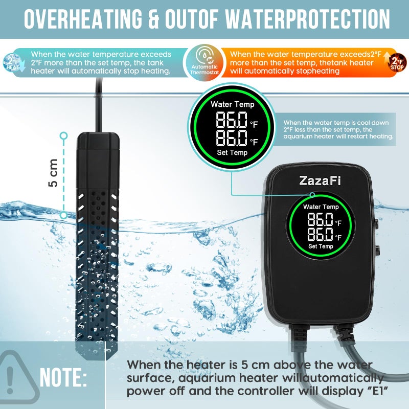 ZazaFi Aquarium Heater 300W, Fish Tank Heater with High-Temperature Protection and Turtle Tank Heater with Automatic Power-Off When Leaving Seawater or Freshwater. - Image 3