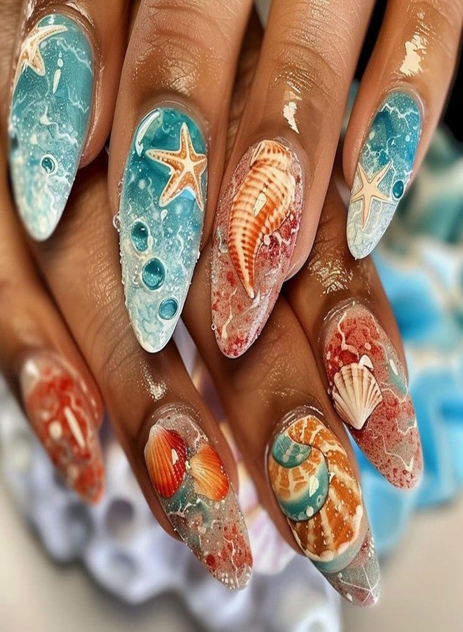 OCOUYVD Ocean Press on Nails Medium Length Almond False Nail Starfish Seashells Design Full Cover Summer Press on Stick on Nails Blue Artificial Acrylic Nails for Women Nail Art Manicure 24 Pcs - Image 1