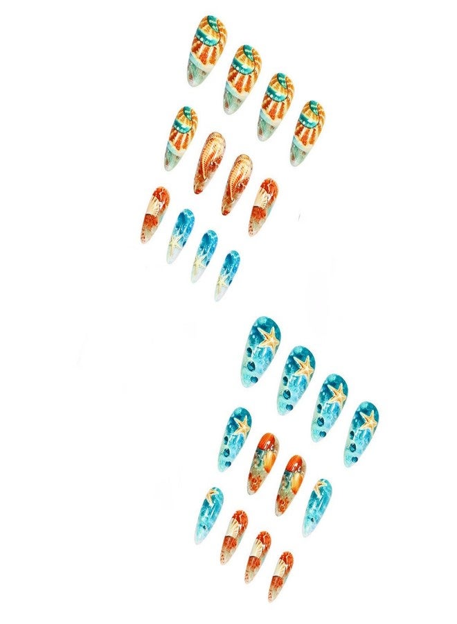 OCOUYVD Ocean Press on Nails Medium Length Almond False Nail Starfish Seashells Design Full Cover Summer Press on Stick on Nails Blue Artificial Acrylic Nails for Women Nail Art Manicure 24 Pcs - Image 4