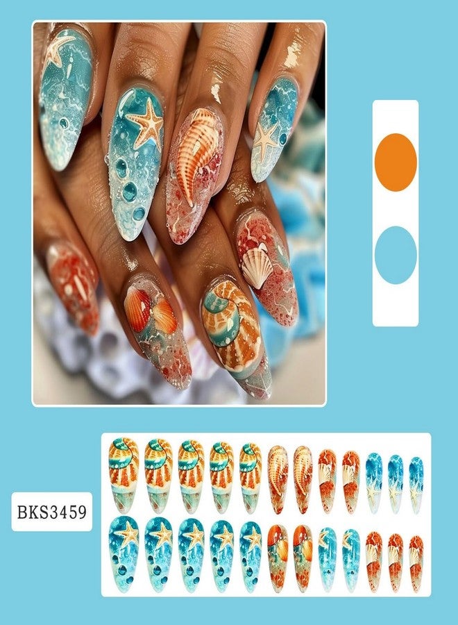 OCOUYVD Ocean Press on Nails Medium Length Almond False Nail Starfish Seashells Design Full Cover Summer Press on Stick on Nails Blue Artificial Acrylic Nails for Women Nail Art Manicure 24 Pcs - Image 2