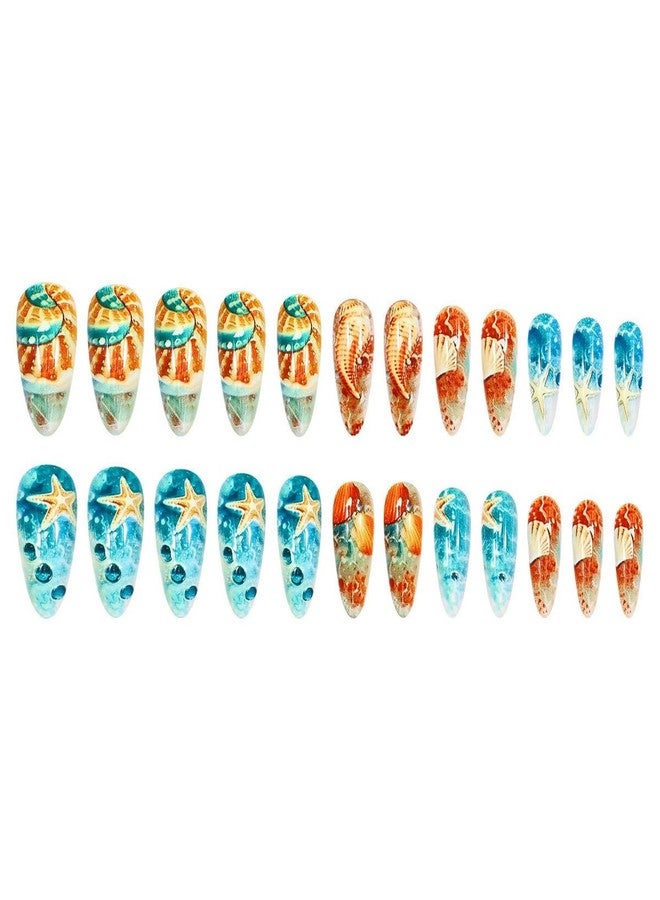 OCOUYVD Ocean Press on Nails Medium Length Almond False Nail Starfish Seashells Design Full Cover Summer Press on Stick on Nails Blue Artificial Acrylic Nails for Women Nail Art Manicure 24 Pcs - Image 5