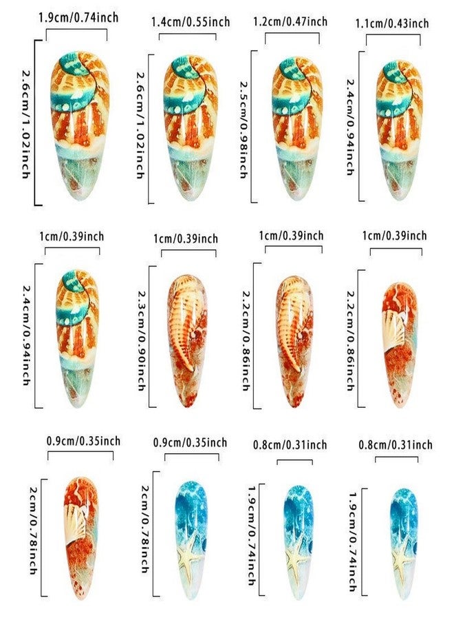 OCOUYVD Ocean Press on Nails Medium Length Almond False Nail Starfish Seashells Design Full Cover Summer Press on Stick on Nails Blue Artificial Acrylic Nails for Women Nail Art Manicure 24 Pcs - Image 3