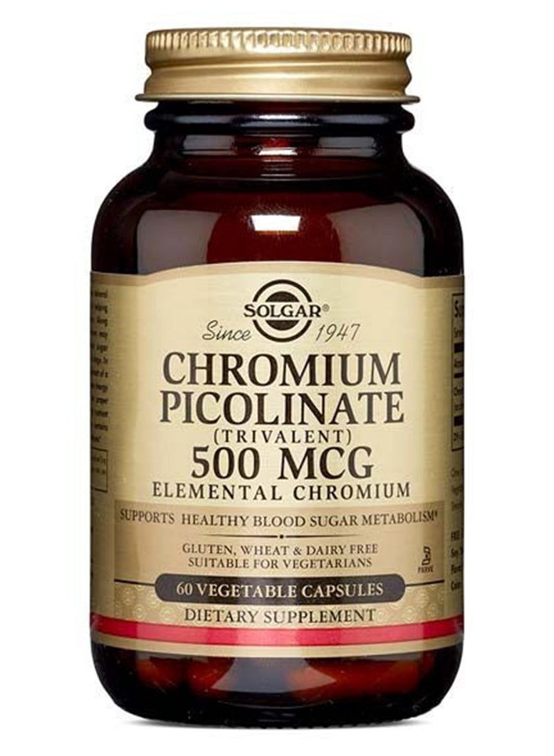 Solgar Chromium Picolinate 500 Mcg Dietary Supplement Trivalent Elemental Chromium Supports Healthy Blood Sugar Metabolism Gluten, Wheat And Diary Free Suitable For Vegans 60 Vegetable Capsules - Image 1