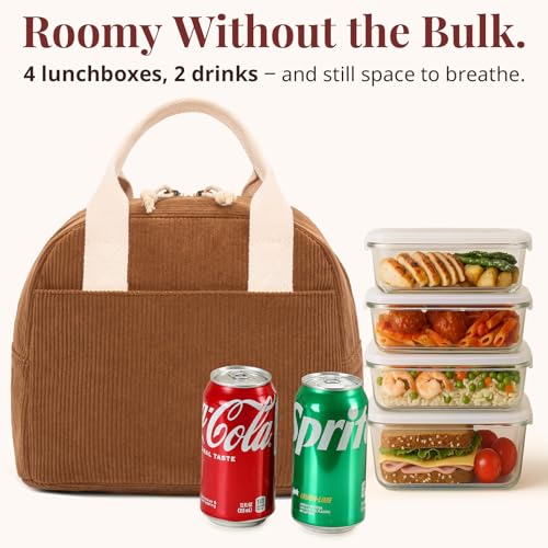LOVELYWIND Insulated Brown Sugar Lunch Bag for Women, Stylish Corduroy Tote with Aluminum Lining, Large Capacity Reusable Cooler for Work, Travel, or Beach, Beige Cream Water-Resistant Lunch Box - Image 2