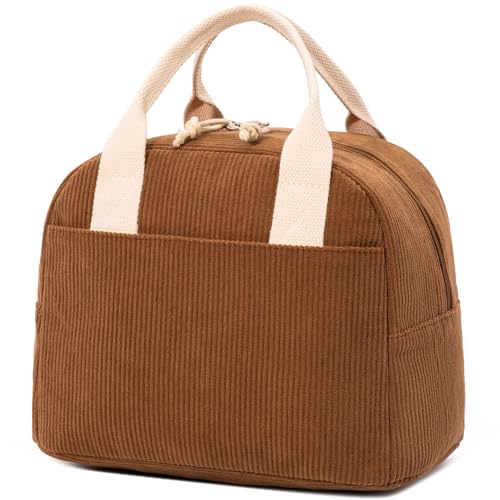 LOVELYWIND Insulated Brown Sugar Lunch Bag for Women, Stylish Corduroy Tote with Aluminum Lining, Large Capacity Reusable Cooler for Work, Travel, or Beach, Beige Cream Water-Resistant Lunch Box - Image 1