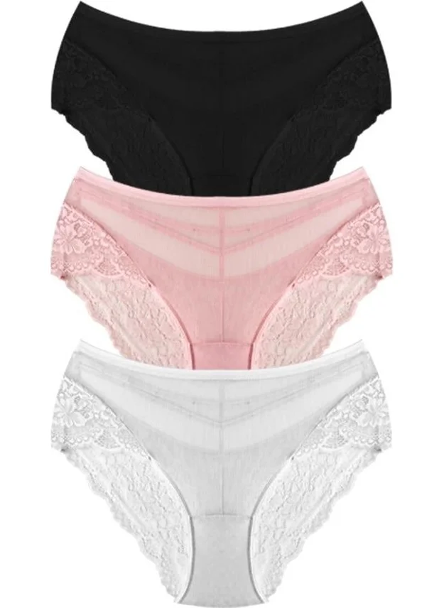 COTTONHILL Transparent Tulle Lace and Stone Detailed Plus Size Women's Bikini Panties 3-Pack-2