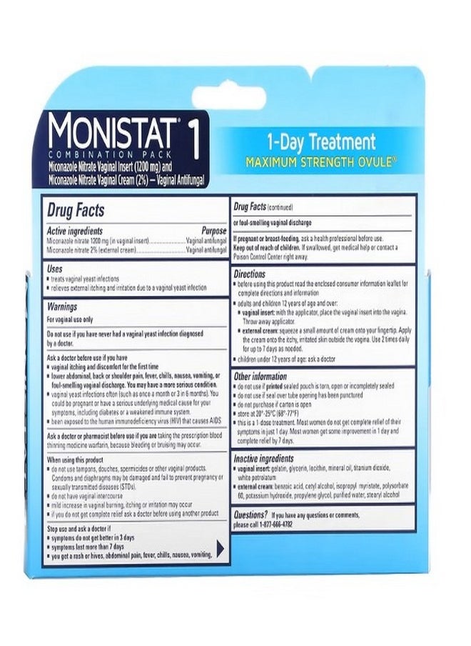 Monistat - 1 Day Treatment Combination Pack Day or Night Ovule Maximum Strength 1 Ovule Insert 2.6 g  0.32 oz 9 g Tube - Image 1