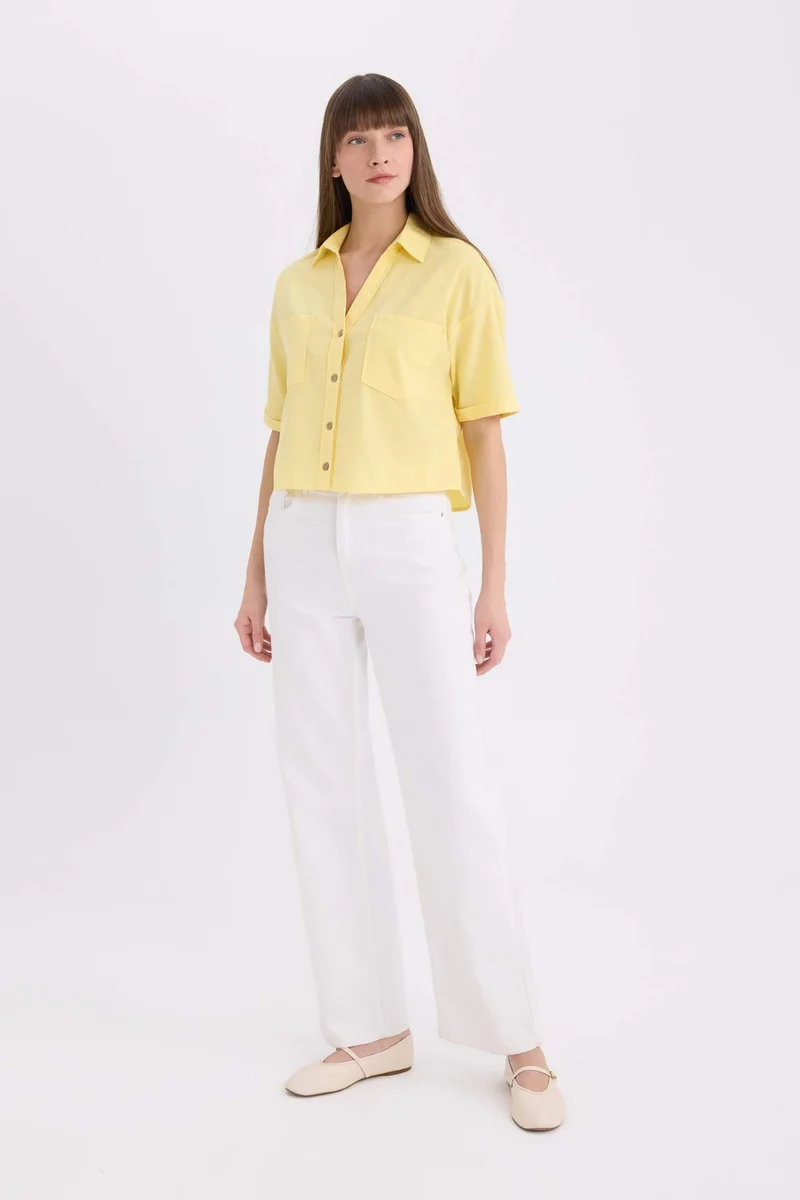 DeFacto Boxy Fit Shirt Collar Linen Blended Short Sleeve Shirt