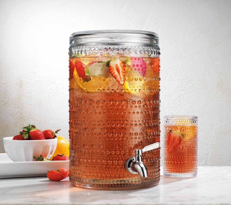 Glavers 2 Gallon Beverage Dispenser Clear Glass Hobnail Beaded Jug Tight Lid Side Press Stainless Steel Spigot Cocktails Juices Water Lemonade Iced Tea Parties Celebrations Everyday Fridge