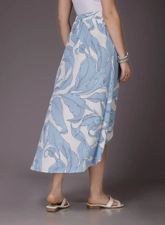 مرفوعة Women Flared Casual Tropical Print Asymmetric Skirt