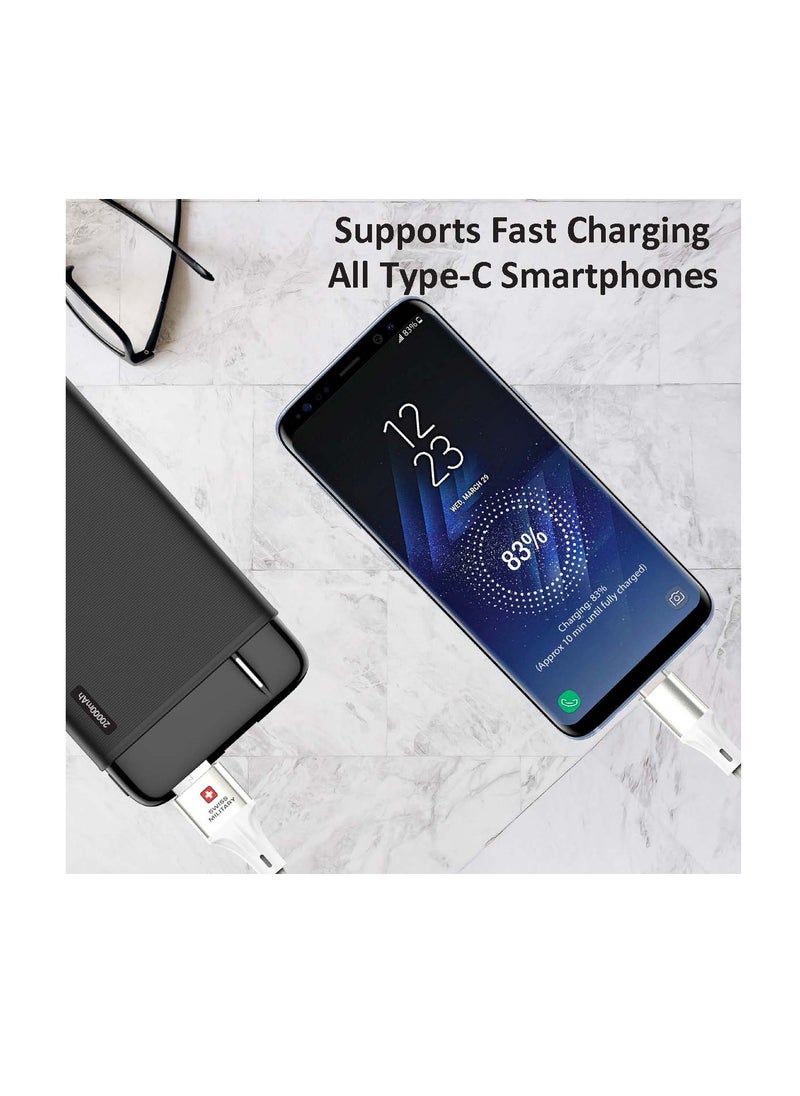 SWISS MILITARY - USB to Type C 2M Braided Cable, 60 W Output Capacity with Heat resistant insulated coating, Compatible with Samsung S22+, S22 Ultra,S21+, S21 Ultra, Note 20, A70 and many-White - Image 1