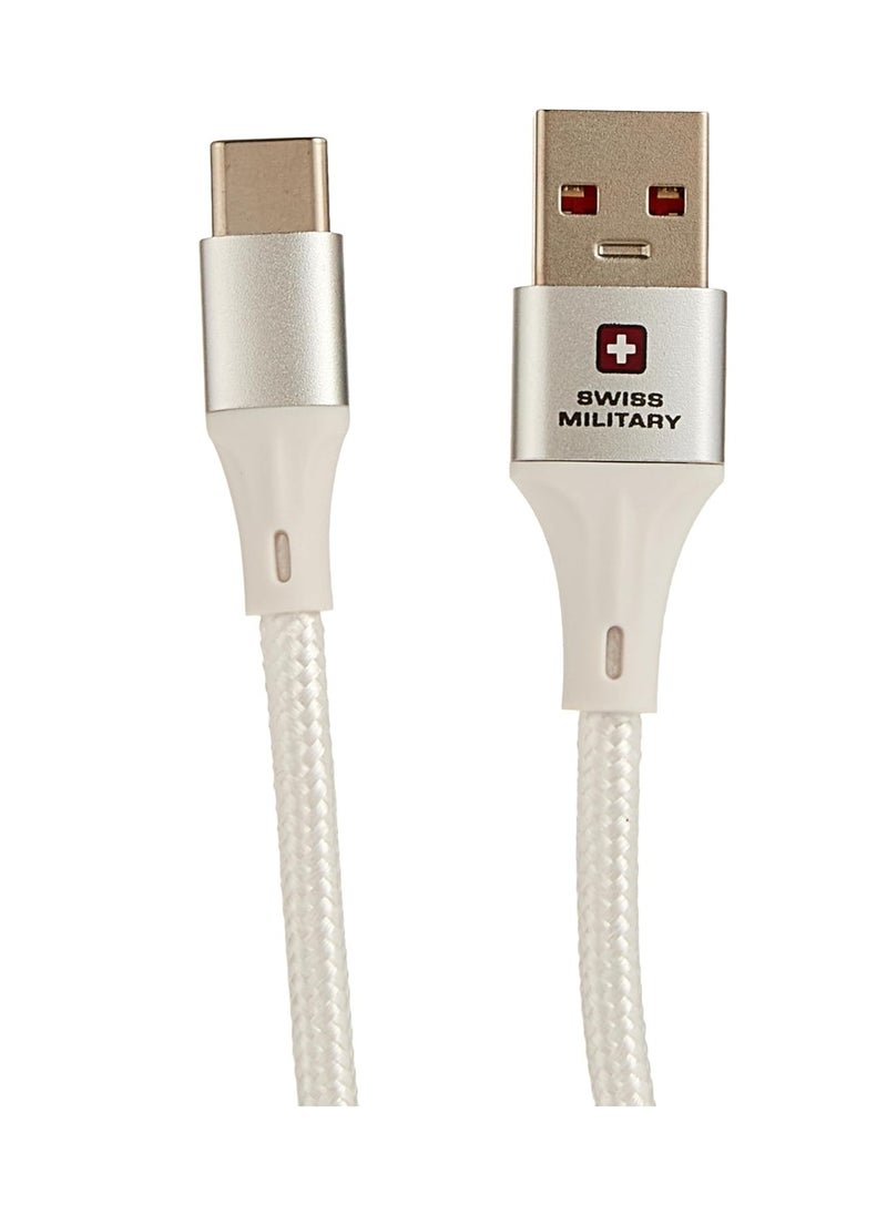 SWISS MILITARY - USB to Type C 2M Braided Cable, 60 W Output Capacity with Heat resistant insulated coating, Compatible with Samsung S22+, S22 Ultra,S21+, S21 Ultra, Note 20, A70 and many-White - Image 1