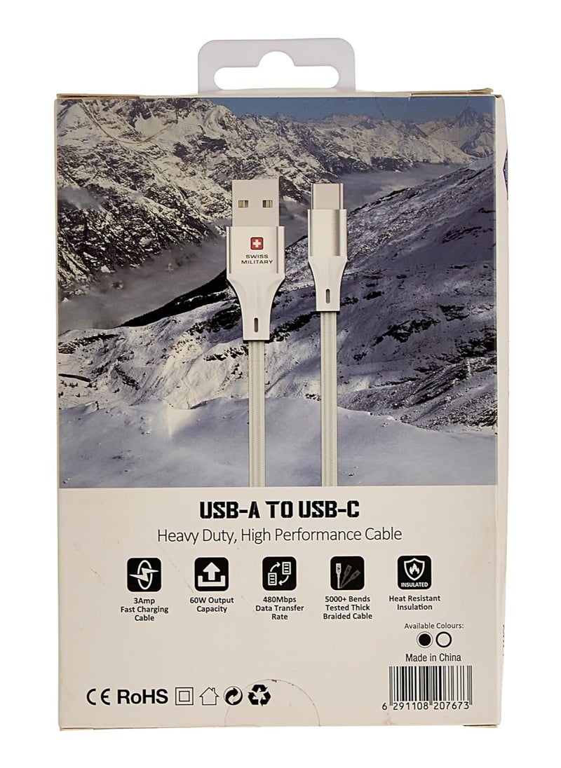 SWISS MILITARY - USB to Type C 2M Braided Cable, 60 W Output Capacity with Heat resistant insulated coating, Compatible with Samsung S22+, S22 Ultra,S21+, S21 Ultra, Note 20, A70 and many-White - Image 1