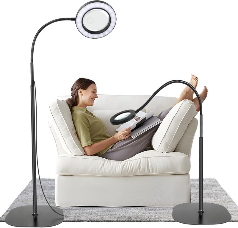 GOI 5X 10X Magnifying Glass with Light and Stand, 36 LED Dimmable Floor Magnifying Lamp,2-in-1 Adjustable Gooseneck Lighted Magnifier for Reading, Sewing, Crafts, Close Work etc - Image 1