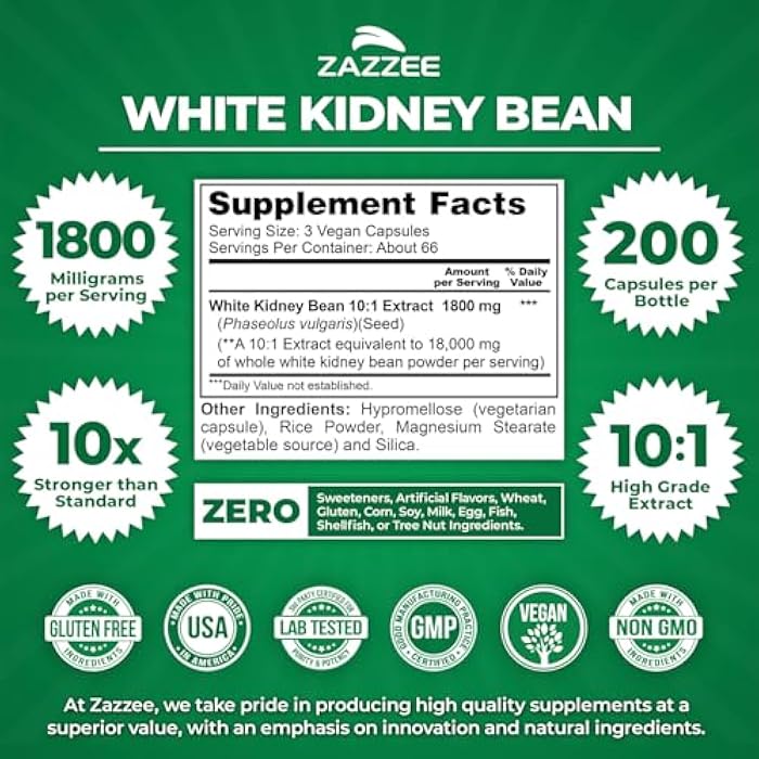 Zazzee White Kidney Bean 10:1 Extract, 1800 mg per Serving, 200 Vegan Capsules, Over 2 Month Supply, Standardized, Concentrated 10X Extract, 100% Vegetarian, All-Natural and Non-GMO, Made in The USA - Image 2
