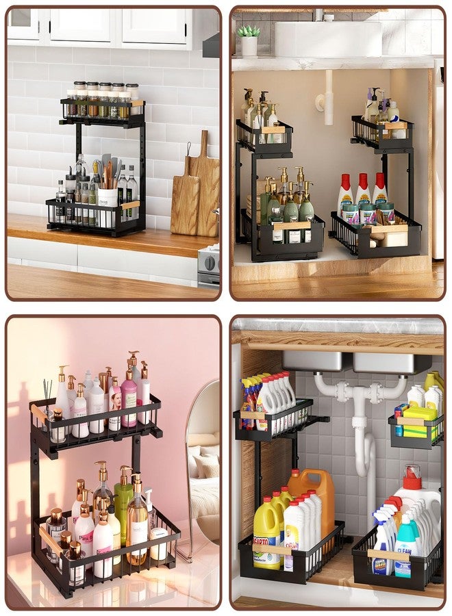 GUUKAR Under Sink Organizers and Storage, 2 Pack L-Shaped Pull Out Cabinet Organizer, 2 Tier Sliding Storage Rack with Adjustable Height, Metal Under Sink Shelf for Kitchen, Bathroom, Pantry, Black - Image 2